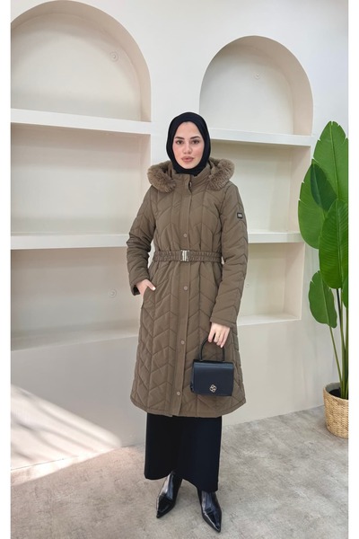 lurex moda Premium Quilted Coat with Fur Collar