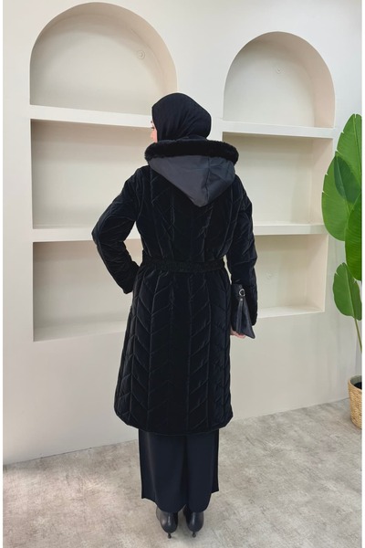 lurex moda Premium Quilted Coat with Fur Collar