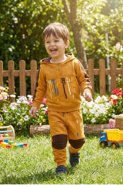 mini&sweet Boys' Suit Hooded Slogan Patterned Long Sleeve Bottom Top