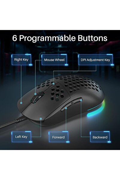 Dierya M1SE Wired Gaming Mouse, Honeycomb Shell, 12800 DPI, 6 Programmable Buttons, RGB - Black