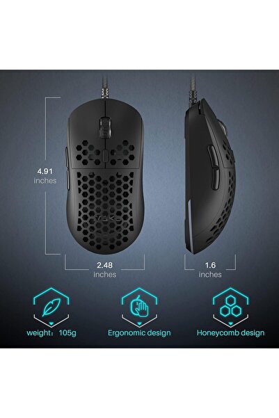 Dierya M1SE Wired Gaming Mouse, Honeycomb Shell, 12800 DPI, 6 Programmable Buttons, RGB - Black