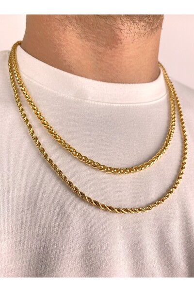 Furtek Aksesuar Unisex 2 Piece Steel Gold Mesh Knitted Chain Necklace Set 3mm - 5mm (53cm - 60cm)