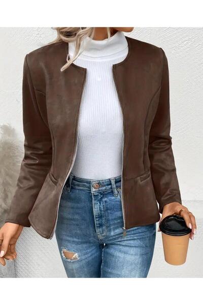Aymood Women's Long Sleeve Round Neck Front Zipper Suede Jacket