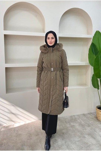 lurex moda Premium Quilted Coat with Fur Collar