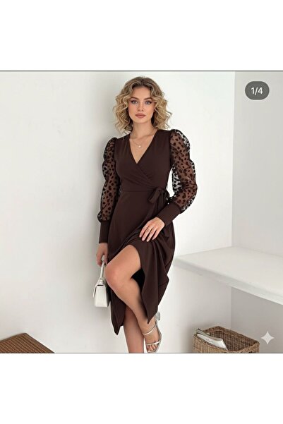 tülaybutik Women's Sleeves Tulle Flared Belt Double-Breasted Neckline Dress