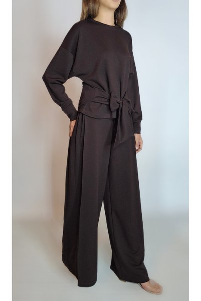 oyagüler Women's Bitter Brown Waist Tie Detailed Diver Combed Cotton Pants Modal Suit Yy101295