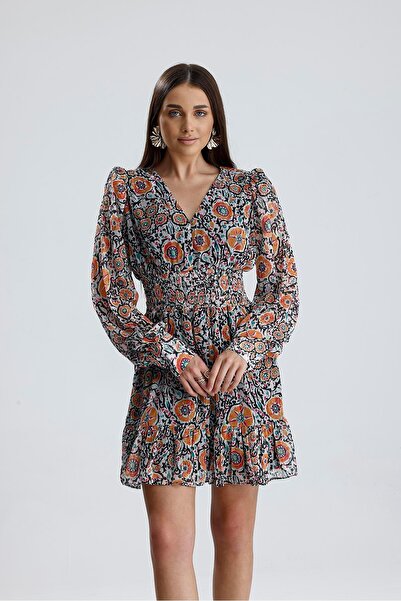 VELİZADE Kadın Turuncu Desenli Mini Elbise V Yaka Balon Kollu Beli Lastikli