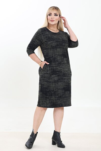 modayız Double Pocket Patterned Stretchy Winter Plus Size Midi Dress 38D-2752