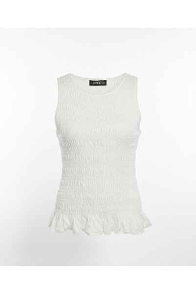 Brood A+ Quality Zero Sleeve Crew Neck Flounce Stretch Fabric Blouse-Top