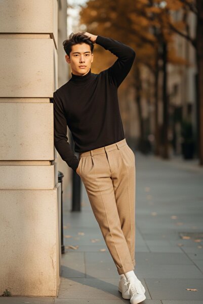 COMBİNE MİCHAİL Men's Regular Fit High Neck Black Knit Sweater