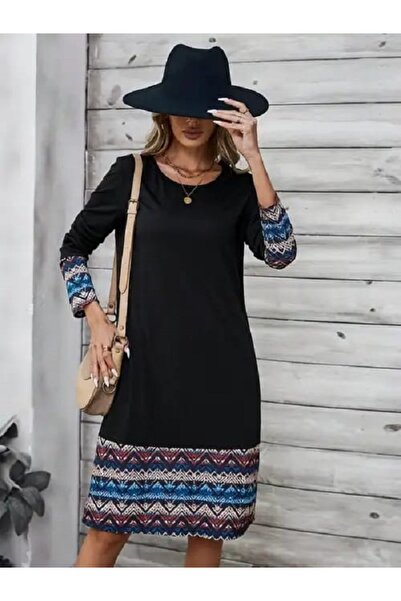 JustFab ✨Women’s Long Sleeve Boho Print Black Casual Dress✨