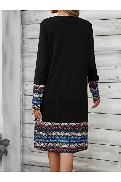 JustFab ✨Women’s Long Sleeve Boho Print Black Casual Dress✨