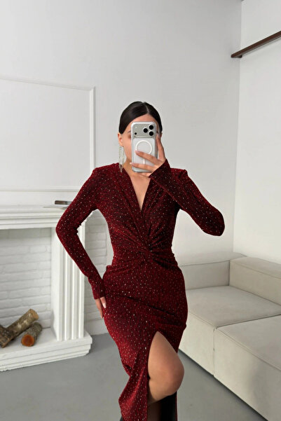 MARTYZ Double-Breasted Twist Neckline Slit Long Dress