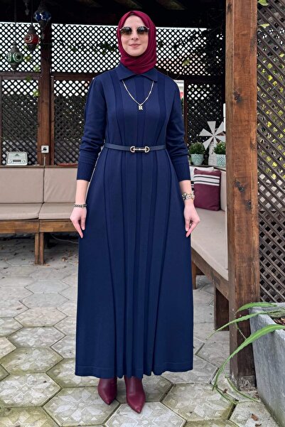 Rabia Şamlı Unique Belted Knitwear Dress Navy Blue