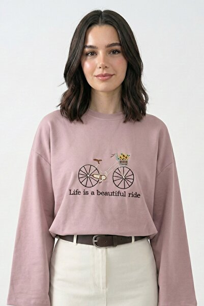 InStyle oversized Dusty Rose Sweat με γραπτό κέντημα ποδηλάτου