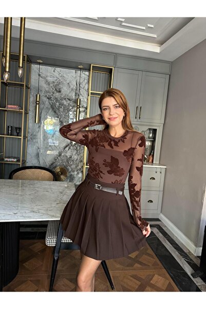 Chamakh Acı Kahve Kadife Detay Tül Bluz