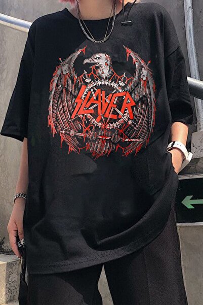 FG KONNİCHİWA Black Color Slayer Printed Wide Fit Unisex Rock-metal T-shirt