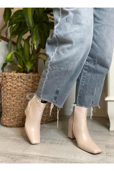 apelles Shoes Loli Beige Side Zipper Blunt Toe Short Boots Heel Height 8 cm