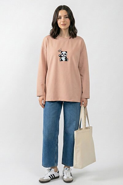 InStyle Panda Embroidered Oversized Salmon Sweat