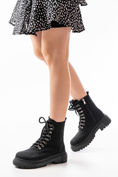 Zerenyus Zri̇n-2121 Premium Black Emerald Lace-Up Zippered Casual Women's Boots