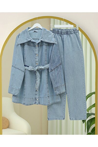 HİJABAYA Σετ τζιν με ζώνη στη μέση και παντελόνι με κουμπιά στο μπροστινό μέρος