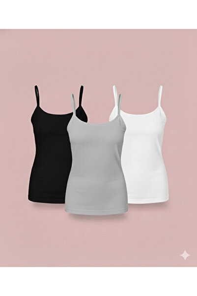 BEYAZTOPTAN Women's White Package Cotton Ribbed Rope Strap Undershirt, 3-Piece