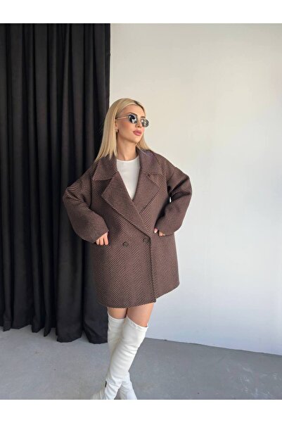 ParlaMira Γυναικείο παλτό ανοιχτό καφέ ριγέ με ριγέ κασμίρ