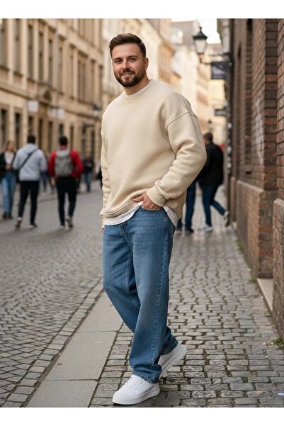 CANMODA Basic Beige Oversized Thick Sweatshirt - 3 Thread Raised Lettering