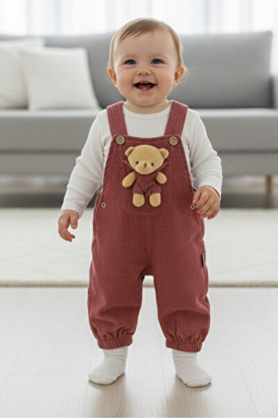 EYMİRGİYİM Velvet Salopet with Teddy Bear Girl Boy Baby Child 6-9 Months, 9-1...