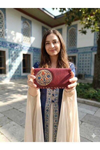 Ecenin Favorileri Tile Motif Faux Leather Handmade Burgundy Wallet 10X18.5Cm