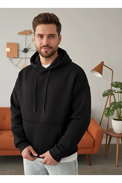 CANMODA basic Negru supradimensionat Gros cu glugă Swea tricou - 3 fire cu borduri