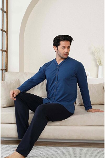 İpek Ανδρικό σετ πιτζάμες με μακρυμάνικο μπλουζάκι με κουμπιά από βαμβάκι