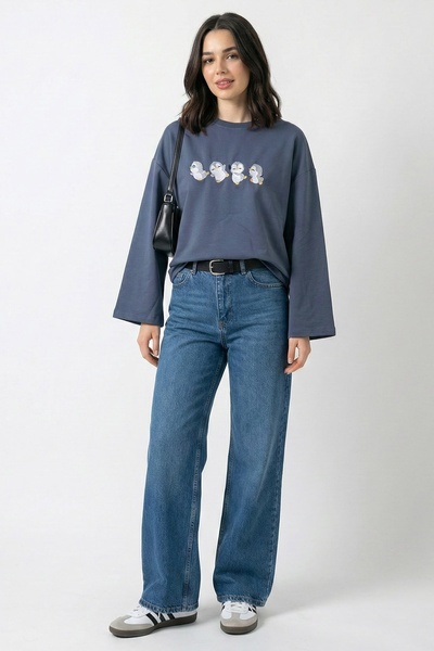 InStyle Oversized Anthracite Sweatshirt with Multiple Penguin Embroidery