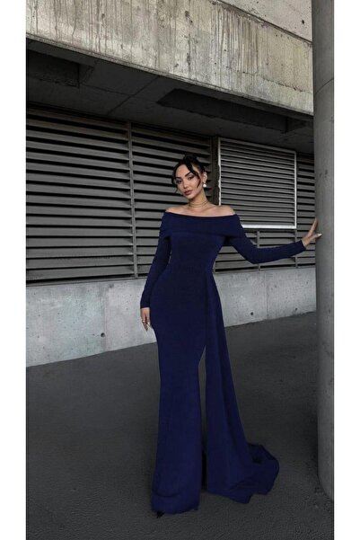 Modafeminen Omuz Dekolteli Uzun Abiye Elbise flowres kumaş LACİVERT 583267