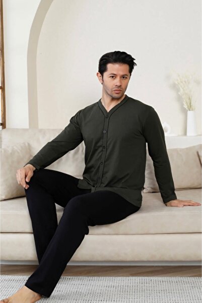 İpek Чоловічий комплект піжами з довгими рукавами та ґудзиками спереду, виготовлений з бавовни