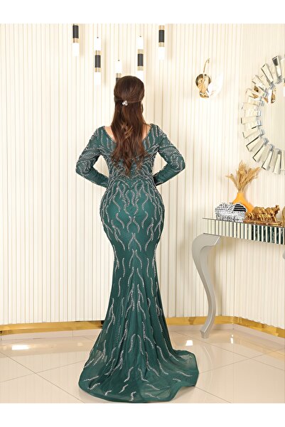 NHMODA V-Neck Stone Pattern Long Sleeve Fish Evening Dress