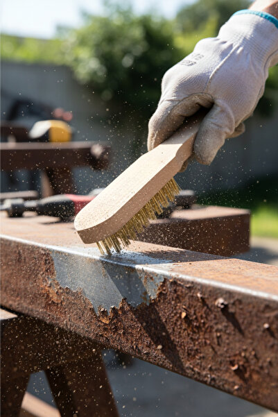 HkTeknik Ahşap Saplı Sert Tel Fırça | Izgara-Çelik-Demir-Bakır-Metal Telli Fırça