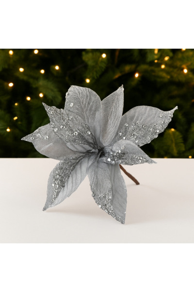 OEM Set 10 Floare de Crăciun ornamentală cu paiete și plasă argintiu – 28 cm,...