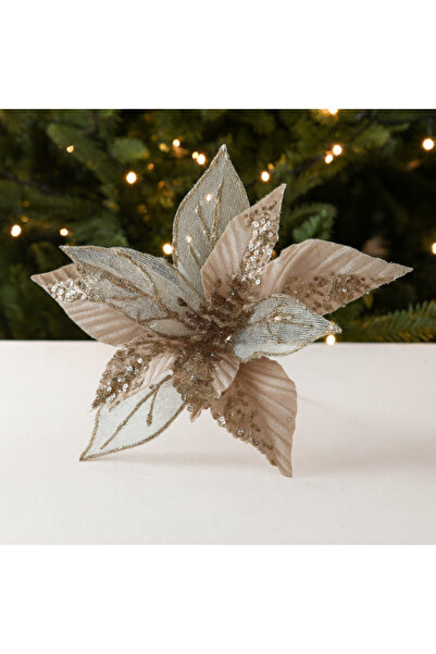 OEM Ornamental Christmas flower with sequins and champagne-colored mesh – 28 cm, elegant festive decoration