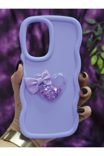 Magic Ring Realme C55 Uyumlu Kalpli ve Kurdeleli Yıldız Simli Lila Telefon Kılıfı