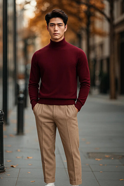 COMBİNE MİCHAİL Ανδρικό πουλόβερ με κανονική εφαρμογή, ψηλό λαιμό, μπορντό πλεκτό πουλόβερ