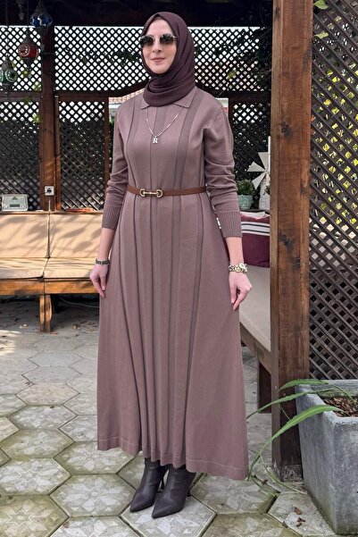 Rabia Şamlı Unique Belted Knit Dress Milk Coffee