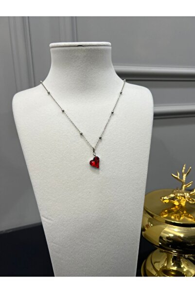 Store Beaded Ball Chain Silver Color Steel Red Heart Necklace