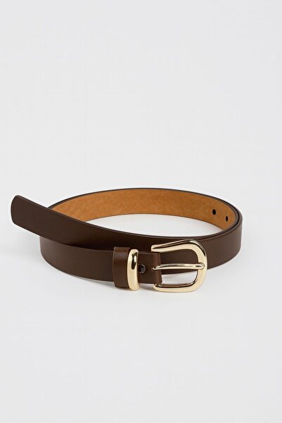 Çantacımstore Дамски колан от изкуствена кожа с квадратна златна катарама, кафяв 612