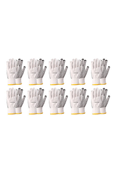 Lawazim Cotton Working Gloves 10 Pairs - White Black Dotted Non Slip Grip