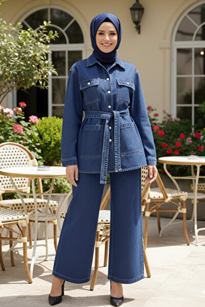 Kirazgym Women's Belted Pocketed Buttoned Denim Suit
