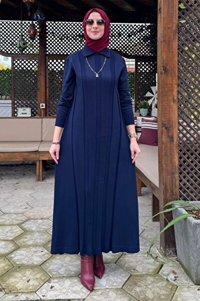 Rabia Şamlı Unique Belted Knitwear Dress Navy Blue