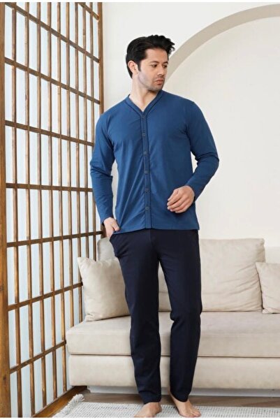 İpek Ανδρικό σετ πιτζάμες με μακρυμάνικο μπλουζάκι με κουμπιά από βαμβάκι