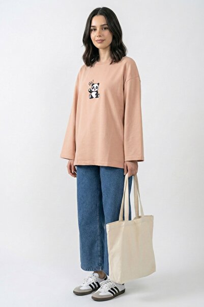 InStyle Panda Embroidered Oversized Salmon Sweat