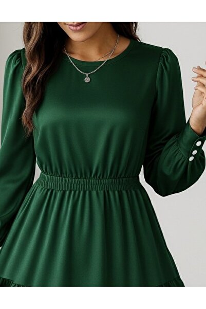 Giyimodam Women's Long Sleeve Crew Neck Ruffled Imported Crepe Dress with Elastic Waist